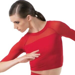 Weissman Balera Mesh Accent Crop Top with Elbow Sleeves Red NEW Size L/XL